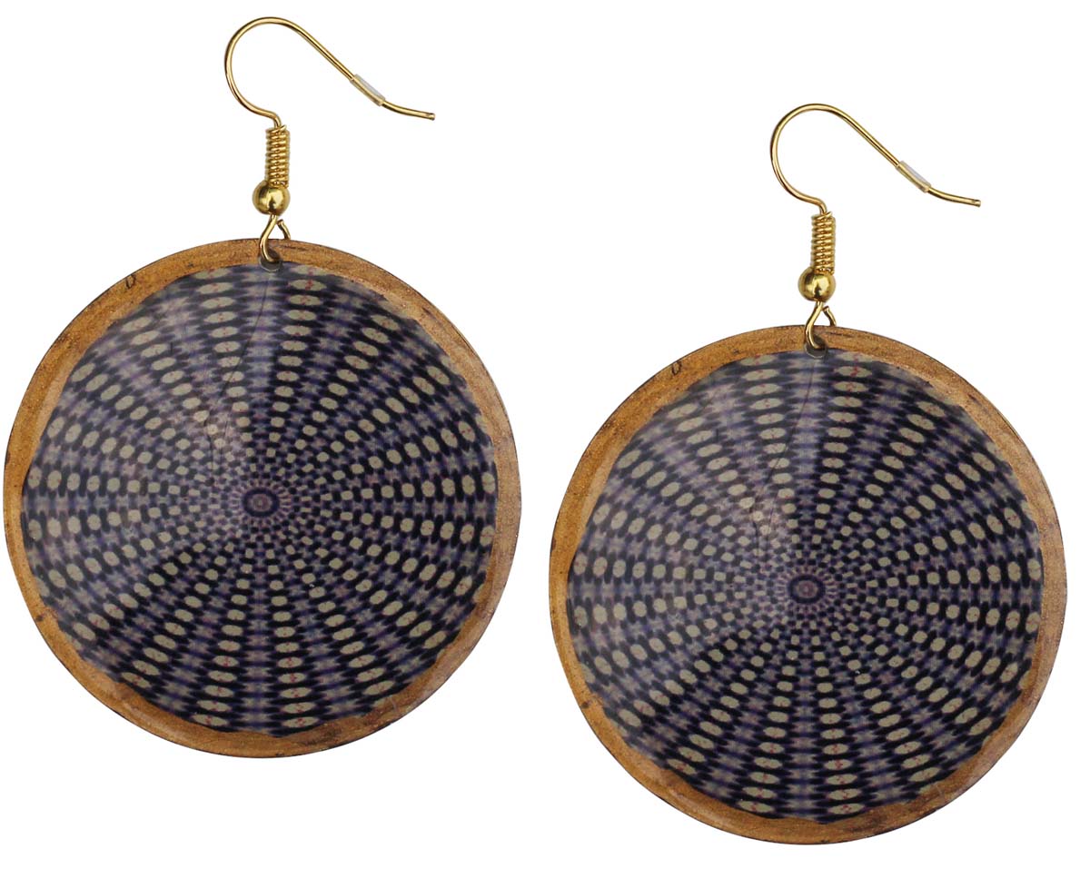 2.5” Pair of Round Hook Earrings in Brass - Blue 3D Illusionary Pattern - Drop Earrings / Women Fashion Jewelry - Buy in Bulk Wholesale